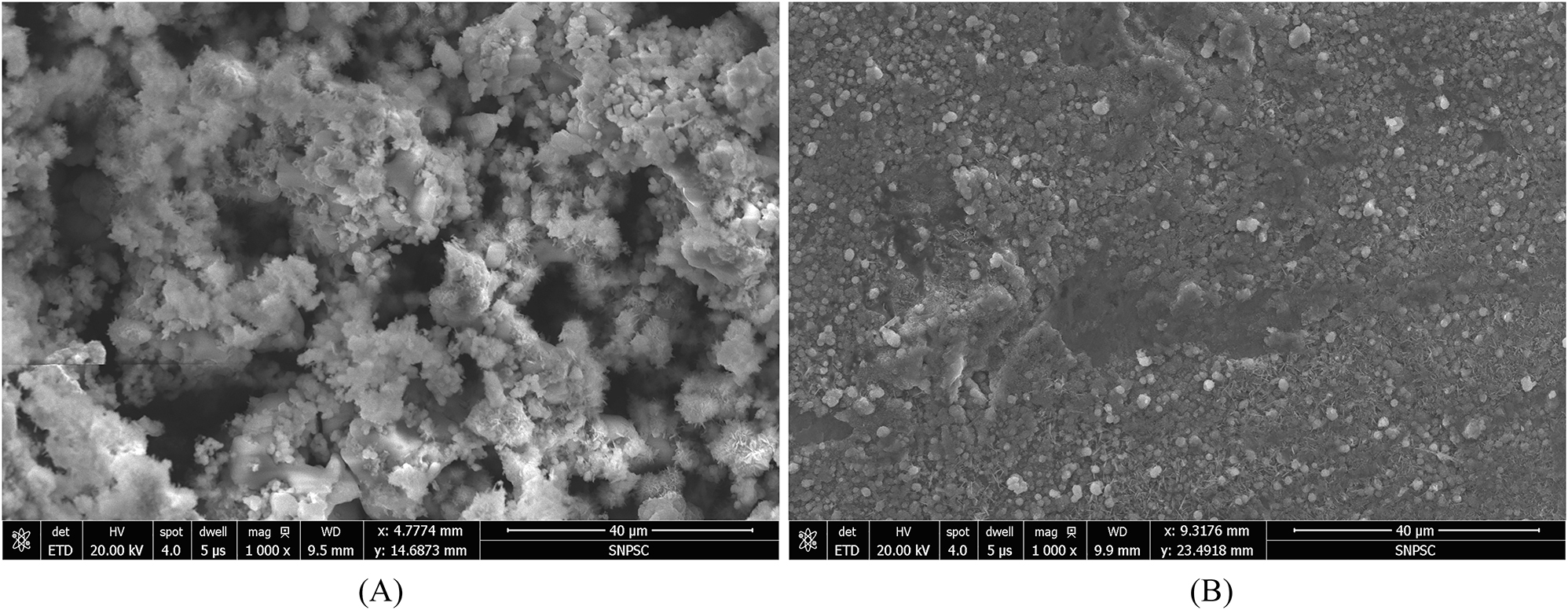 Figure 10: 
Morphology of (A) the yellow corrosion product and (B) the black corrosion product.
