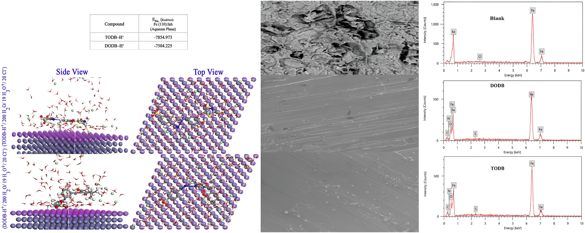 Figure 6:
SEM images and EDX spectra of the MS surface after 24-h immersion in 1.0 M HCl at 25 °C, showing the effects of synthesized inhibitors TODB and DODB. Additionally, Monte Carlo simulations illustrate the most favorable adsorption modes (Bedair et al. 2023).