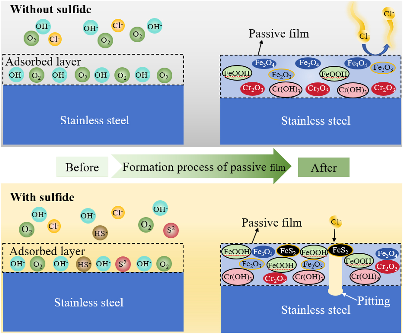 Figure 11:
Schematic diagram of the damage mechanism by sulfide to passive film on 304SS surface.