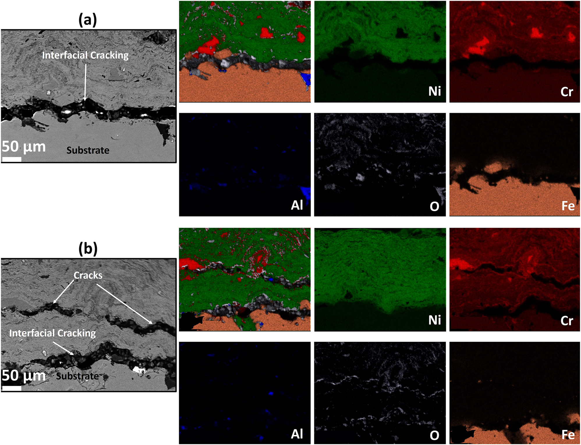 Figure 5:
Cross-section EDS elemental mapping of the (a) FA21 and (b) FA22 coating.