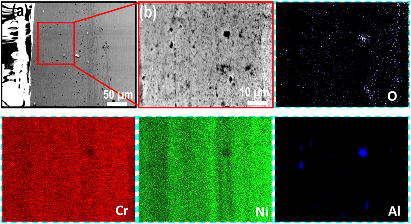 Figure 7:
Cross-section morphology of the SFP coating at (a) low magnification and (b) high magnification along with its corresponding EDS elemental mapping.