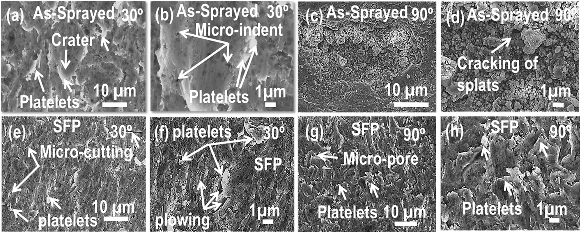 Figure 12:
High magnification BSE images showing eroded surfaces after slurry erosion test at (a–b) 30° impingement and (c–d) 90° impingement for the AS coating, (e–f) 30° impingement and (g–h) 90° impingement for SFP coating.