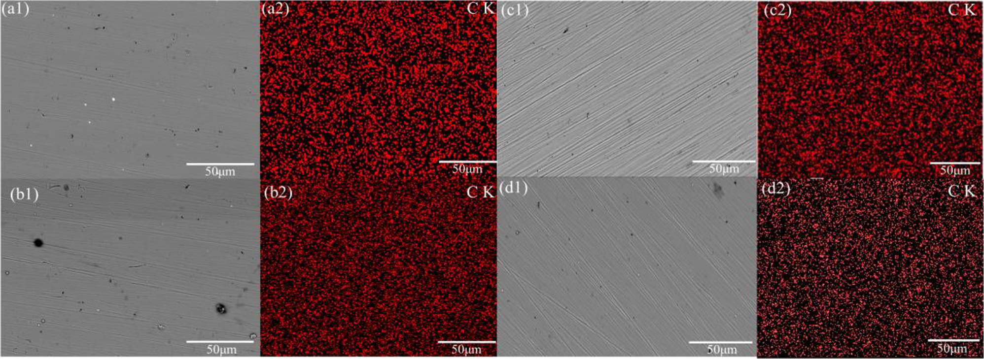 Figure 8: 
SEM images and EDS mapping analyses of 17-4PH stainless steel and 45# steel after 0.5 V constant potential polarisation tests. These images sequentially display the surface after passivation and EDS elemental mapping from the passivation film (red represents C, and black represents the matrix). (a1–a2) 17-4PH stainless steel (0 % seawater), (b1−b2) 17-4PH stainless steel (11 % seawater), (c1−c2) 45# steel (0 % seawater), (d1−d2) 45# steel (11 % seawater).
