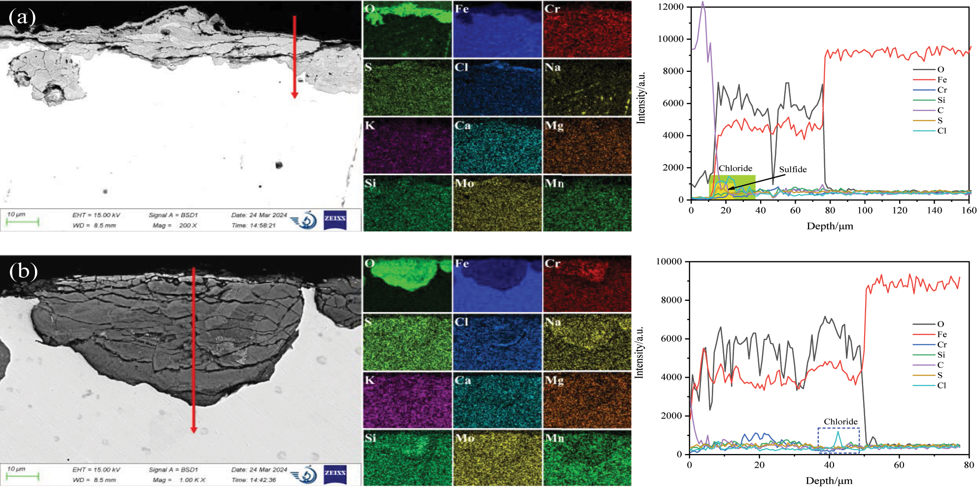 Figure 9:
SEM and EDS analysis of the corrosion production on 12Cr1MoVG tube.