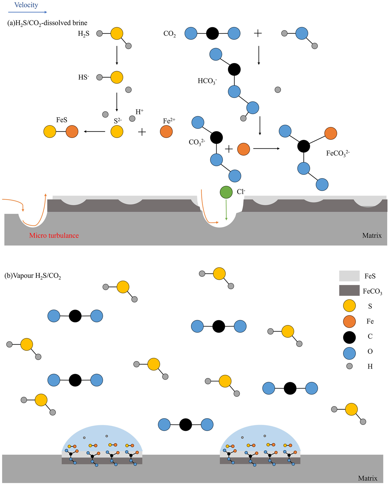 Figure 6: 
Diagrams of H2S and CO2 corrosion mechanisms: (a) In solution and (b) in vapour (Qin et al. 2022).
