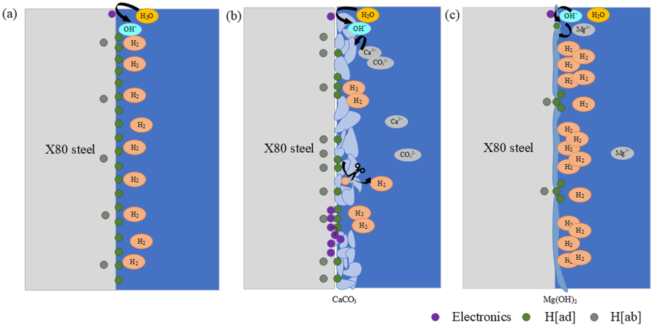 Figure 14: 
Influence of the calcareous deposits on the hydrogen uptake for (a) simulated soil solution without Ca2+ and Mg2+, (b) simulated soil solution with Ca2+ and Mg2+ and (c) simulated soil solution without Ca2+. Reprinted from International Journal of Hydrogen Energy, 46, Xing et al., Effect of surface calcareous deposits on hydrogen uptake of X80 steel under strong cathodic current, 4,555–4,566, Copyright (2021), with permission from Elsevier.
