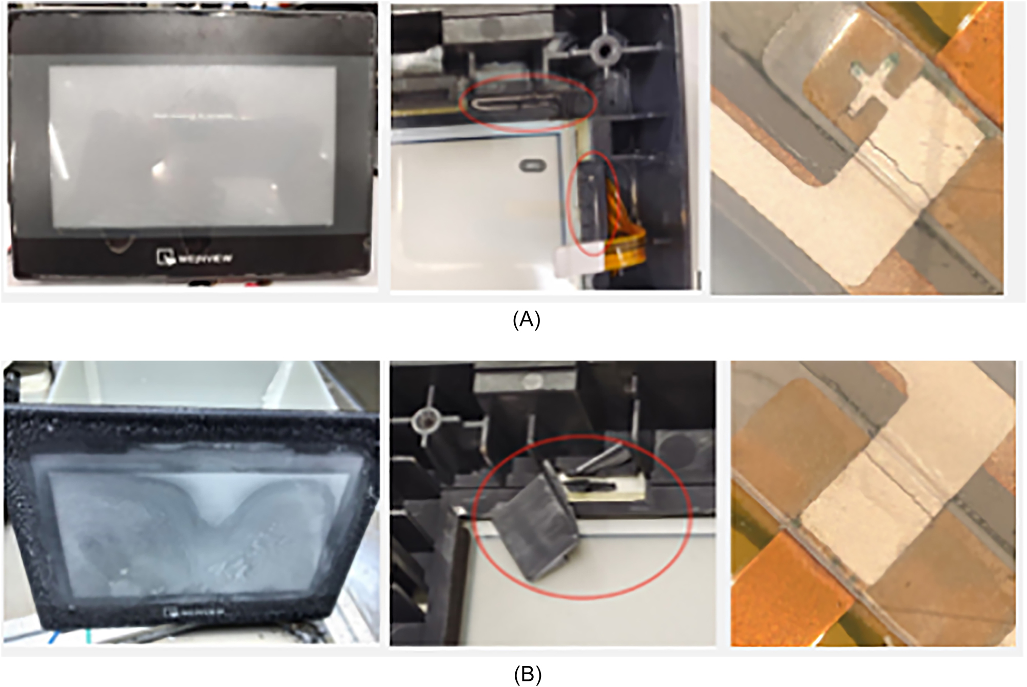 Figure 12:
Comparison of actual failures and failures simulated in humidity-controlled salt spray tests for a specific model of charging pile control panel. (A) Actual application failure specimens; (B) specimen failed in humidity-controlled salt spray test.