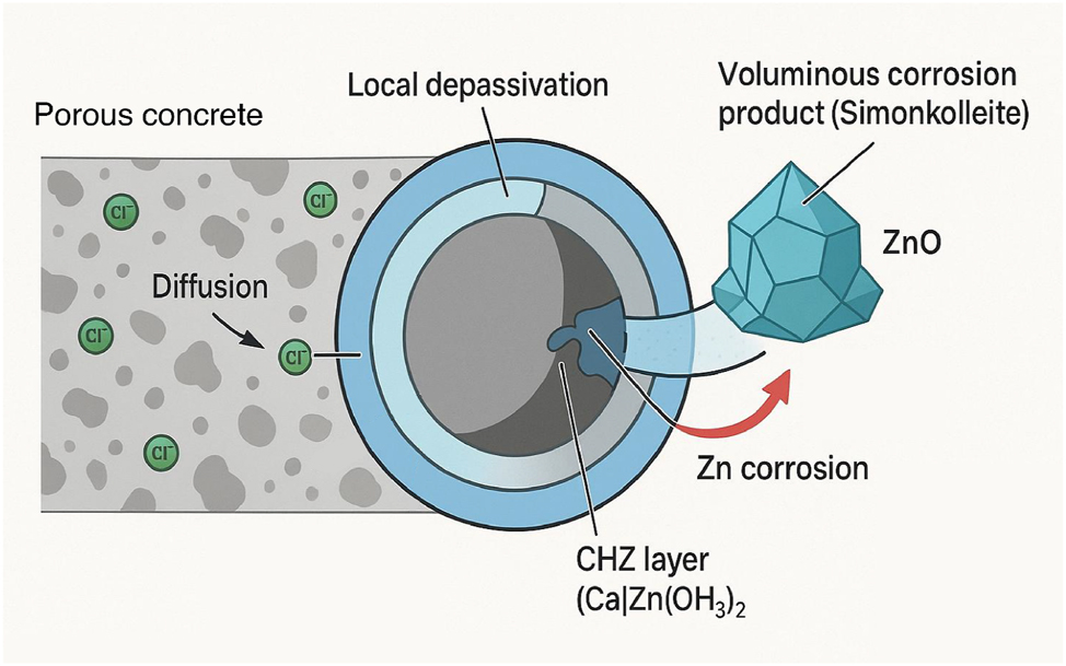 Figure 3:
Schematic diagram of chloride-induced corrosion of galvanized rebar (author-created).