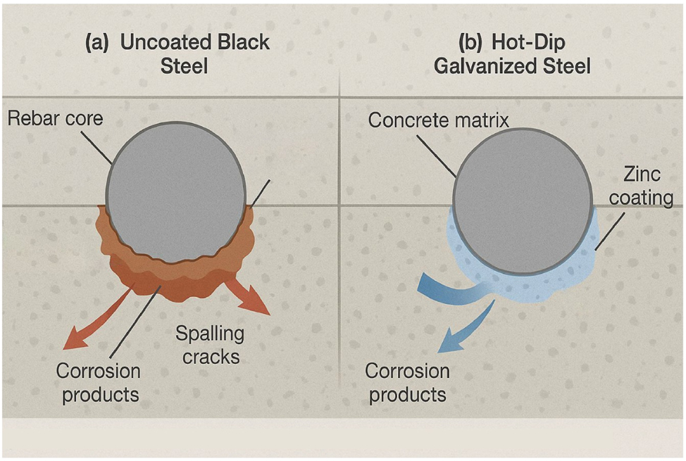 Figure 4:
Schematic comparison of corrosion-induced failure mechanisms for black steel and hot-dip galvanized steel (author-created).
