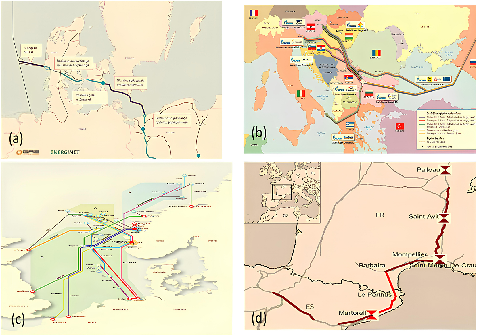 Figure 1: 
Illustrative figures for scenarios 2–5 pipe corridors (a) baltic sea – scenario 5 (b) southern corridor- scenario 3 (c) northern corridor – scenario 4 (d) Spain corridor – scenario 2.
