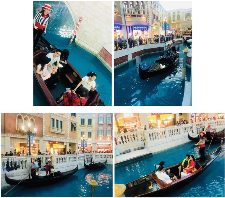 Figures 20–23 
						Gondolas and gondoliers in The Venetian Macau; photographs by the author (2018)
					