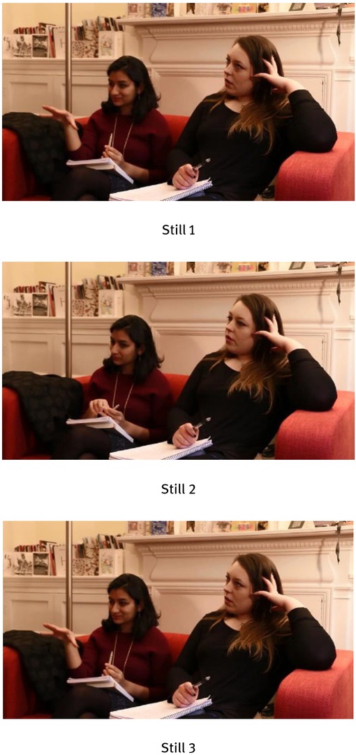 Figure 7 
					Louise displays a face-saving strategy as she prepares her turn at talk.
				