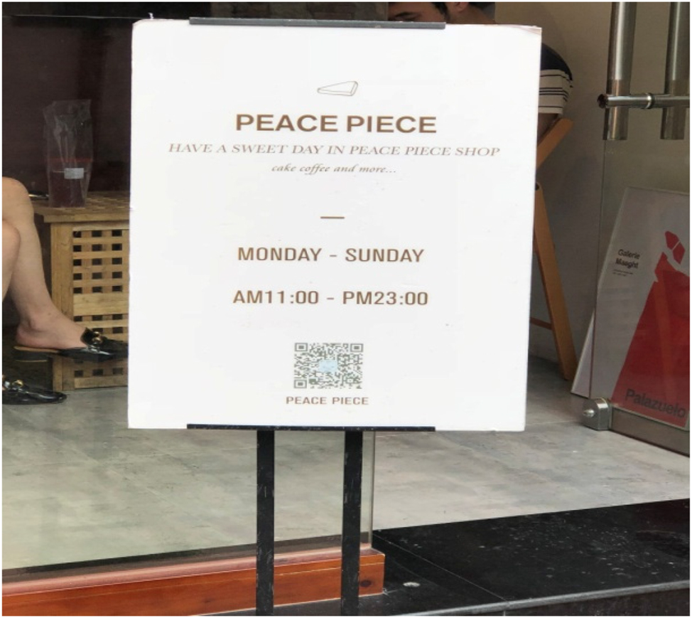 Figure 3: 
A printed sign stating peace piece’s business hours (April 2019).
