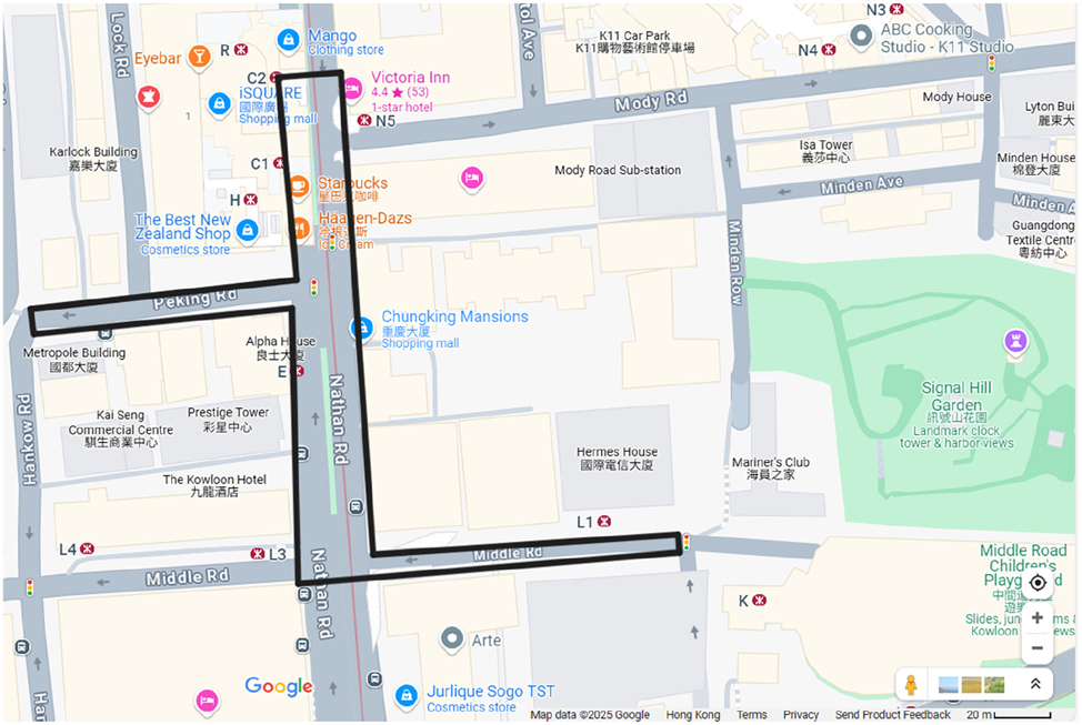 Figure 2: 
Map of Tsim Sha Tsui showing the trajectory of data collection (Google 2025b).
