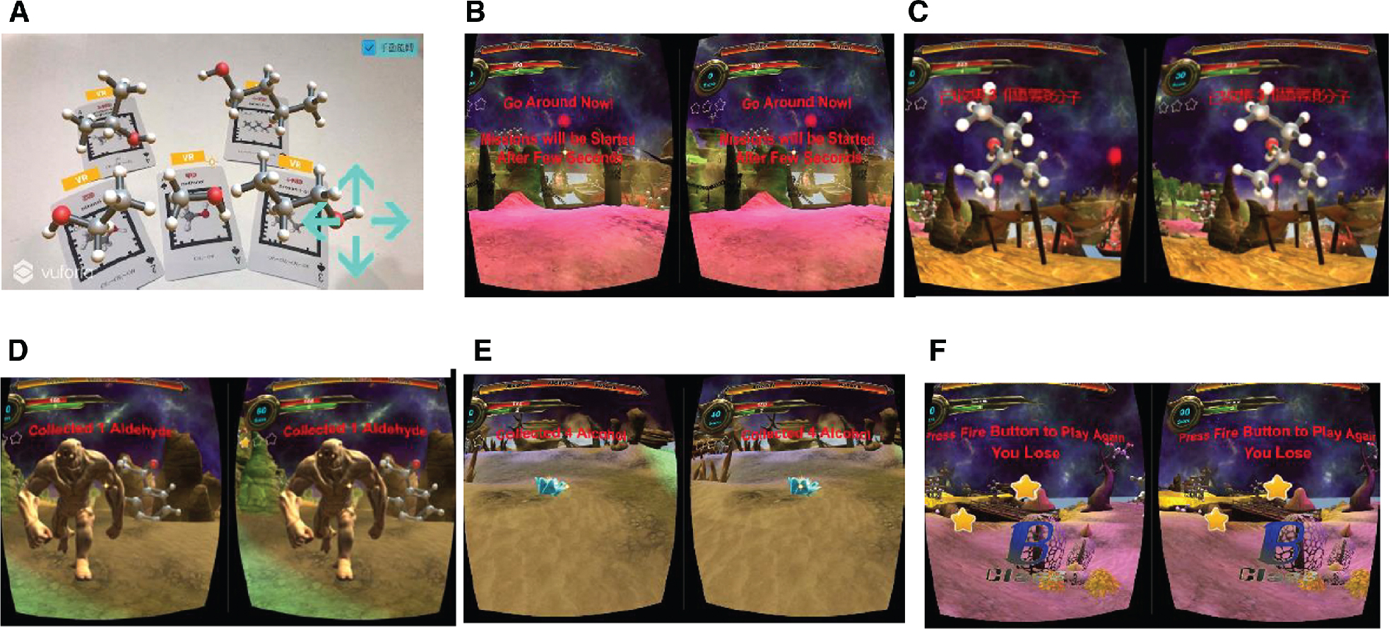 Figure 3: VR game for organic molecules. (A) Molecular Structure AR mode. (B) VR Game Play Scenario. (C) The mission to gather molecules with –OH functional group. (D) Monster appears if the wrong molecule was selected. (E) Gathering jewels to extend working time. (F) Feedback when the mission is accomplished.