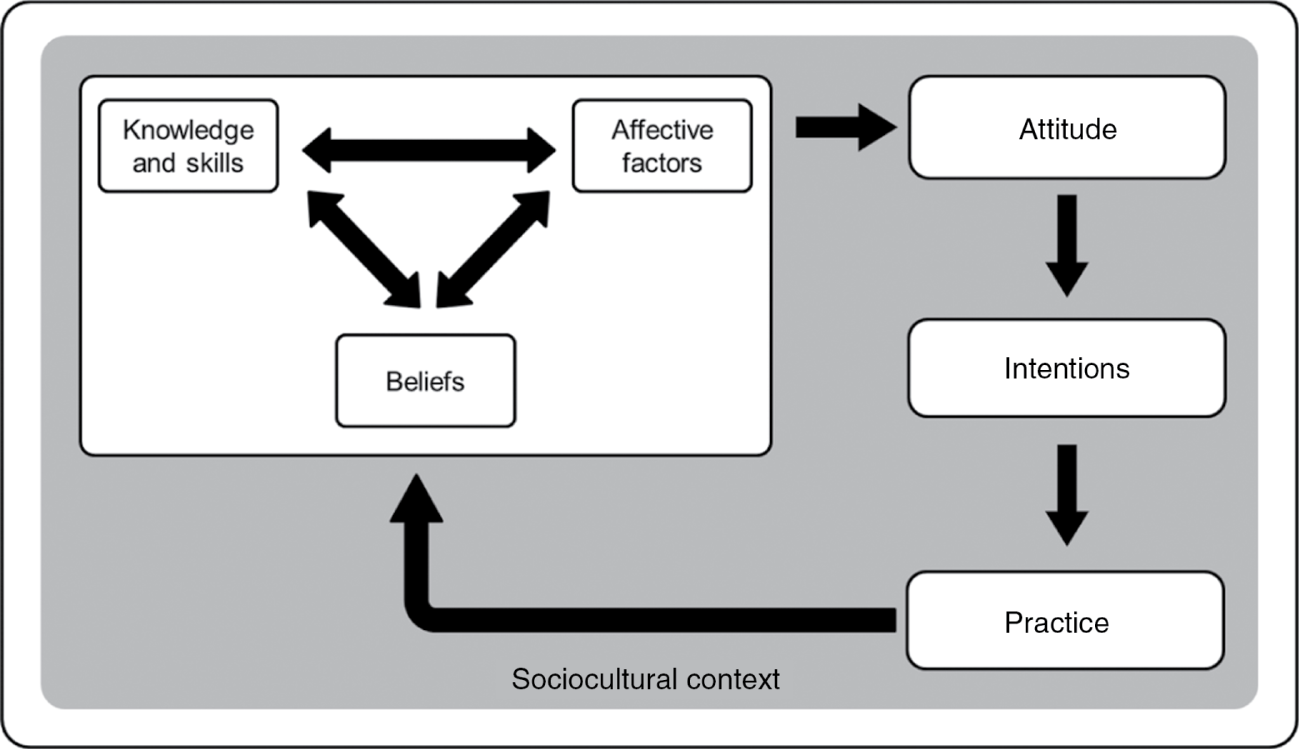 Figure 1: A strongly simplified model of the relationship between attitude, intentions and practice.