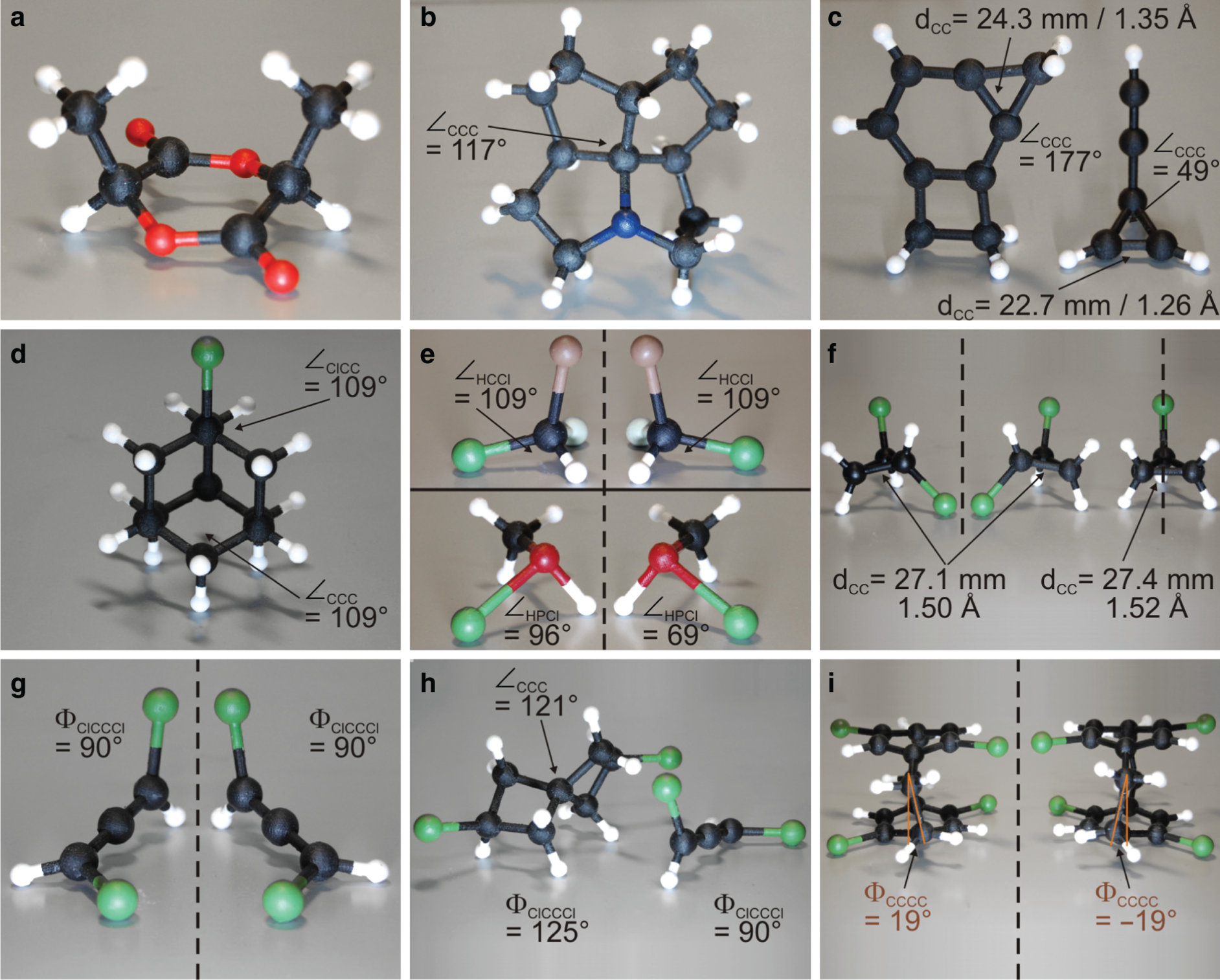 Figure 2: Photographic images of a selection of 3D-printed scaled molecular models. (a) (S,S)-Lactide, the monomer of the sustainable 3D-printing material (PLA), (b) azafenestrane, (c) 1,2-dihydrocyclobuta[a]cyclopropa[c]benzene (left) and (cycloprop-1-en-3-yl)ethyne (right), (d) 1-chloroadamantane, (e) the enantiomers of bromochlorofluoromethane (top) and chloro(methyl)phosphane (bottom), (f) the enantiomers of trans-1,2-dichlorocyclopropane (left) and chlorocyclopropane (right), (g) the enantiomers of 1,3-dichloropropa-1,2-diene (axial chirality), (h) (aS)-2,6-dichlorospiro[3.3]heptane and (aS)-1,3-dichloropropa-1,2-diene (right) and (i) the enantiomers of 4,7,12,15-tetrachloro[2,2]paracyclophane (planar chirality). Atom colors have been chosen in accordance with the standard CPK color code.
