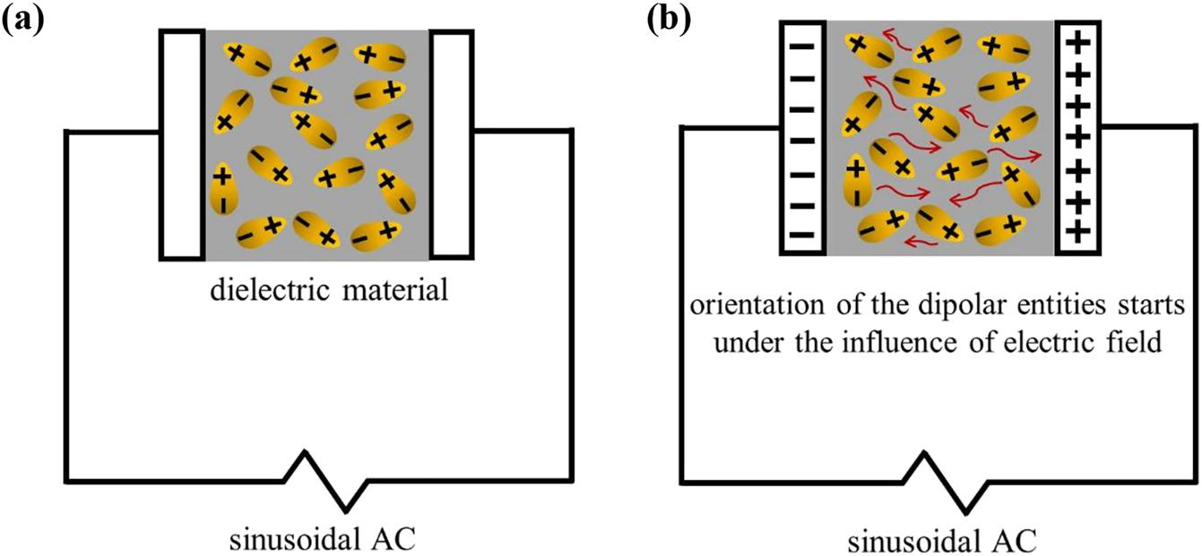 Figure 4: Orientation of dipolar entities of a dielectric material sandwiched in between the parallel-plate capacitor (blocking electrodes) under an action of electric field from (a) to (b).