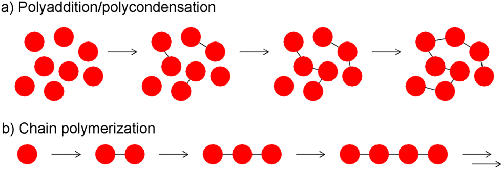 Figure 7: Schematic representation of (a) polyadditions/polycondensations. The difference between the two is that polyadditions result in no loss of small molecule whereas the latter involve loss of a small molecule e.g., water; (b) chain polymerizations.