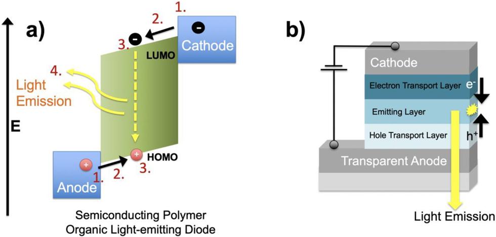 Figure 15: (a) Energy level diagram and steps for light emission of OLED device, and (b) device structure showing metallic contacts (cathode and anode), hole and electron transport layers, and light-emitting layer.