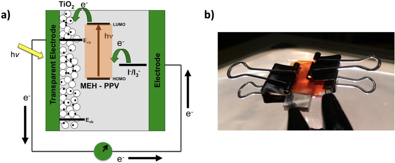 Figure 16: (a) Energy level diagram of an operating MEH-PPV/TiO2 solar cell with device cross-section and (b) image of the completed device. (Note: FTO is transparent conductive electrode) Reprinted with permission from (Enlow, Marin, & Walter, 2017). Copyright 2017 American Chemical Society.