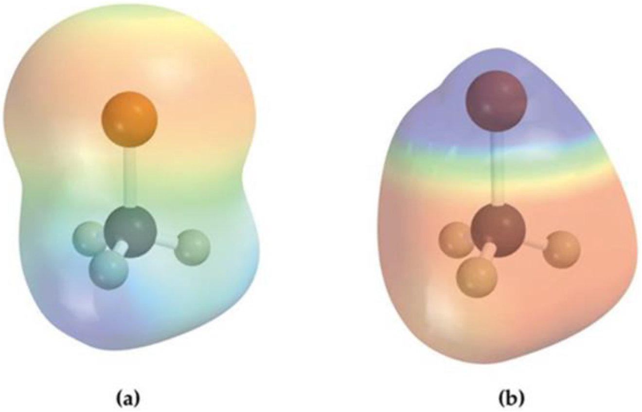 Figure 3:
Visual representations of chemical structures referring to chloromethane (CH3Cl) and methyllithium (CH3Li) from question D.3. (Students were asked to identify and justify which one corresponds to CH3Cl and which to CH3Li and why?).