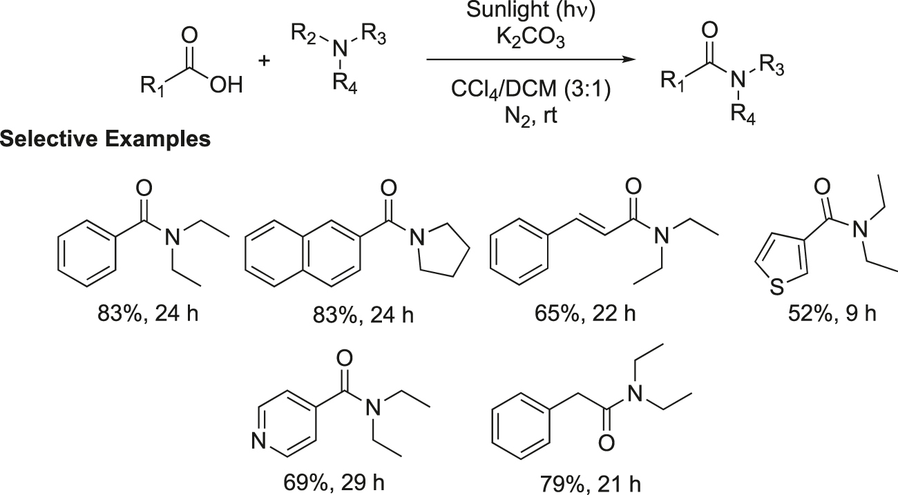 Figure 4: 
Sunlight driven synthesis of amides.
