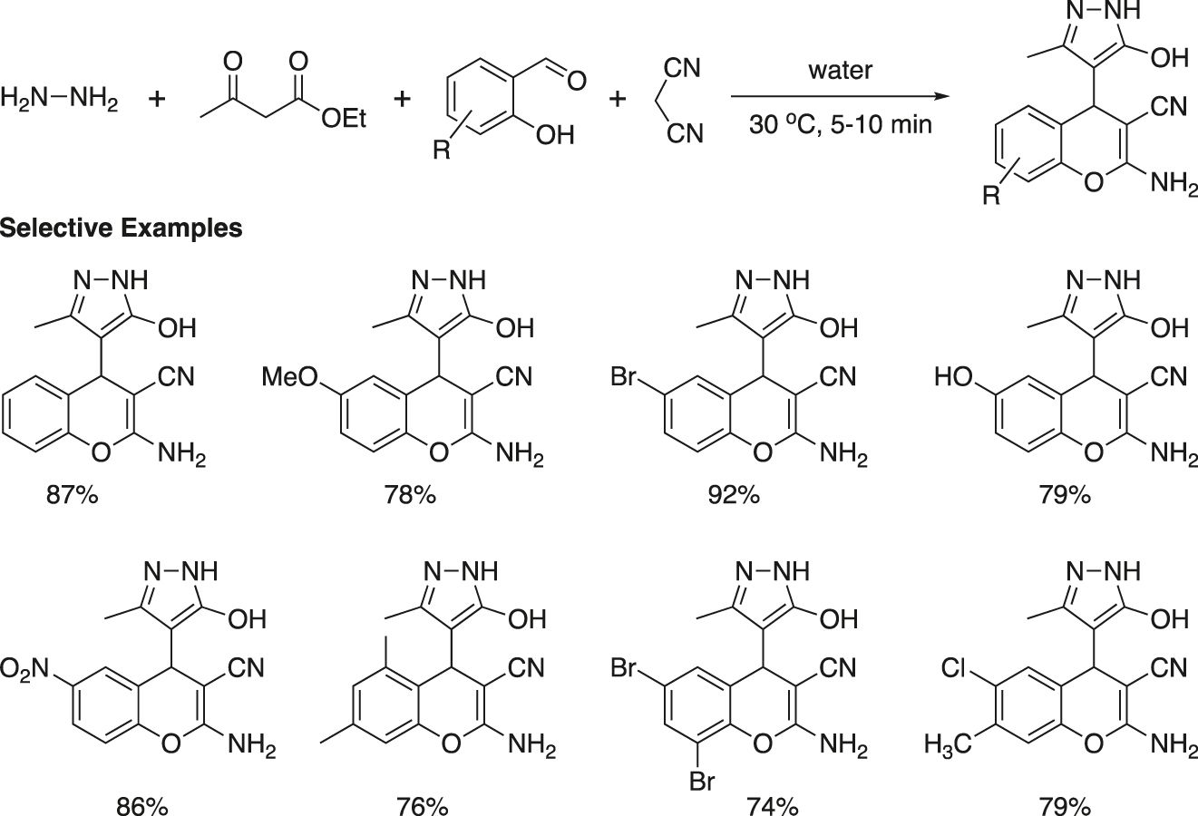 Figure 12: 
Catalyst-free synthesis of 4-pyrazolyl-4H-cromene in water.
