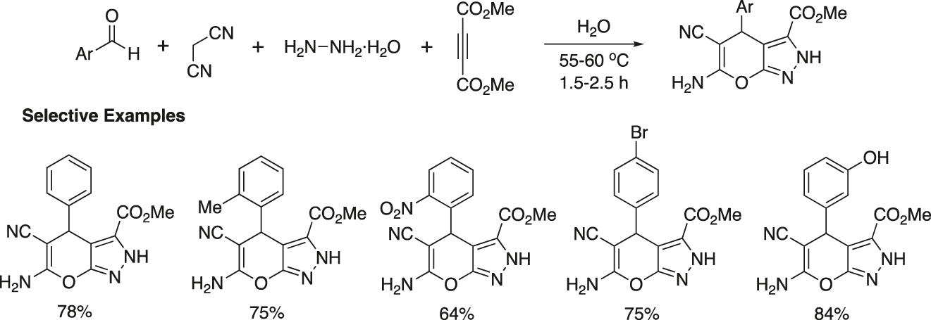Figure 16: 
Synthesis of 3-methyl carboxylate substituted pyrano[2,3-c]pyrazoles via a four-component reaction.
