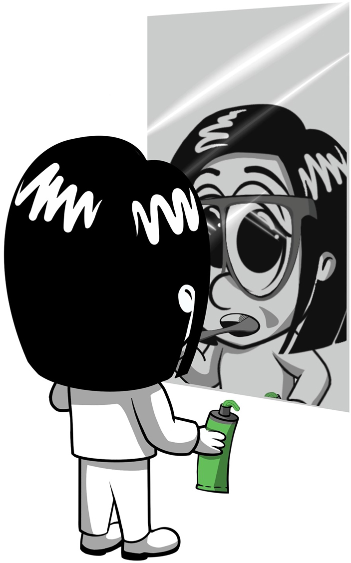 Figure 8: 
Chema’s mind begins to wander during her morning routine (“So early in the morning and already so much chemistry …”) (own illustration).
