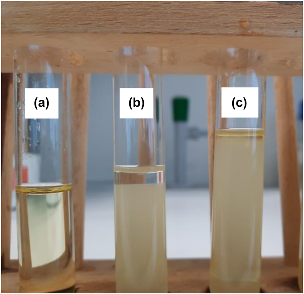 Figure 2:
Result of the synthesis of biodiesel in the microwave oven: biodiesel (upper phase of b and c) compared to oil (a).