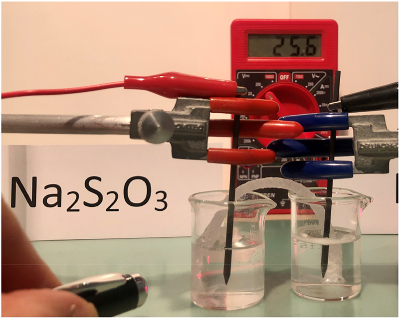 Figure 2: 
Demonstration of the Tyndall effect. (Also note more hydrogen bubbles at the surface of the catholyte).
