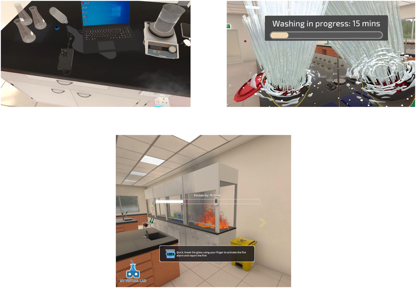 Figure 6:
Examples of various emergencies encountered in the laboratory. Clockwise from top left: identifying and removal of electrical hazards, using eye showers to flush out chemicals in the eyes, and dealing with fire in the laboratory.