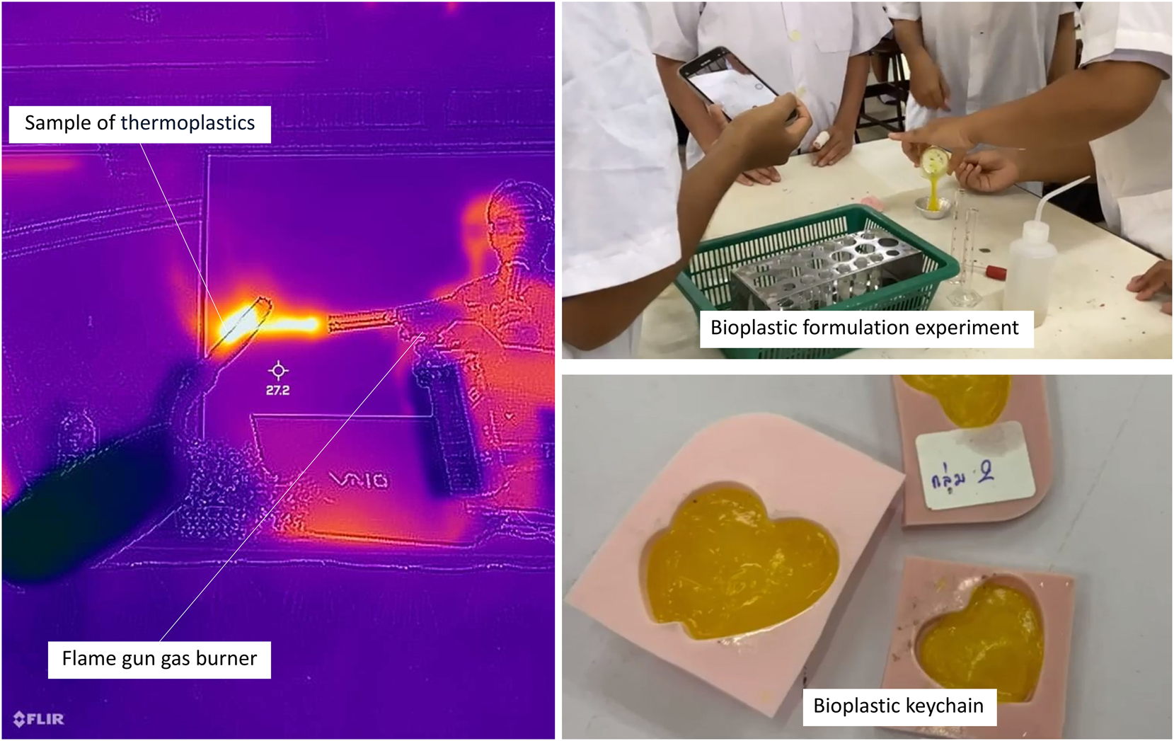 Figure 4: 
Practical activities from module 3 – sustainable polymer: thermal imaging of a thermoplastic heating investigation by students (left); and a bioplastic formulation experiment and producing molded bioplastic keychains produced by students (right).
