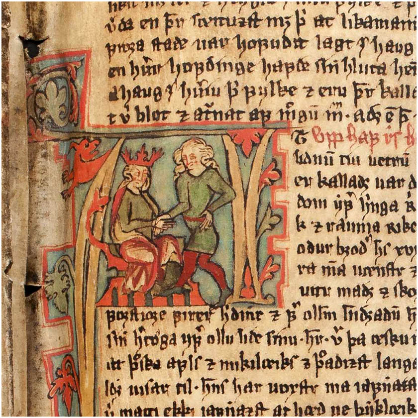Figure 6
GKS 1005 fol. (Flateyjarbók), f. 76r: Haralds þáttr hárfagra. 1387–1394. Reykjavík, Stofnun Árna Magnússonar í íslenskum fræðum. Image: Jóhanna Ólafsdóttir. Licence: CC BY-SA 4.0.