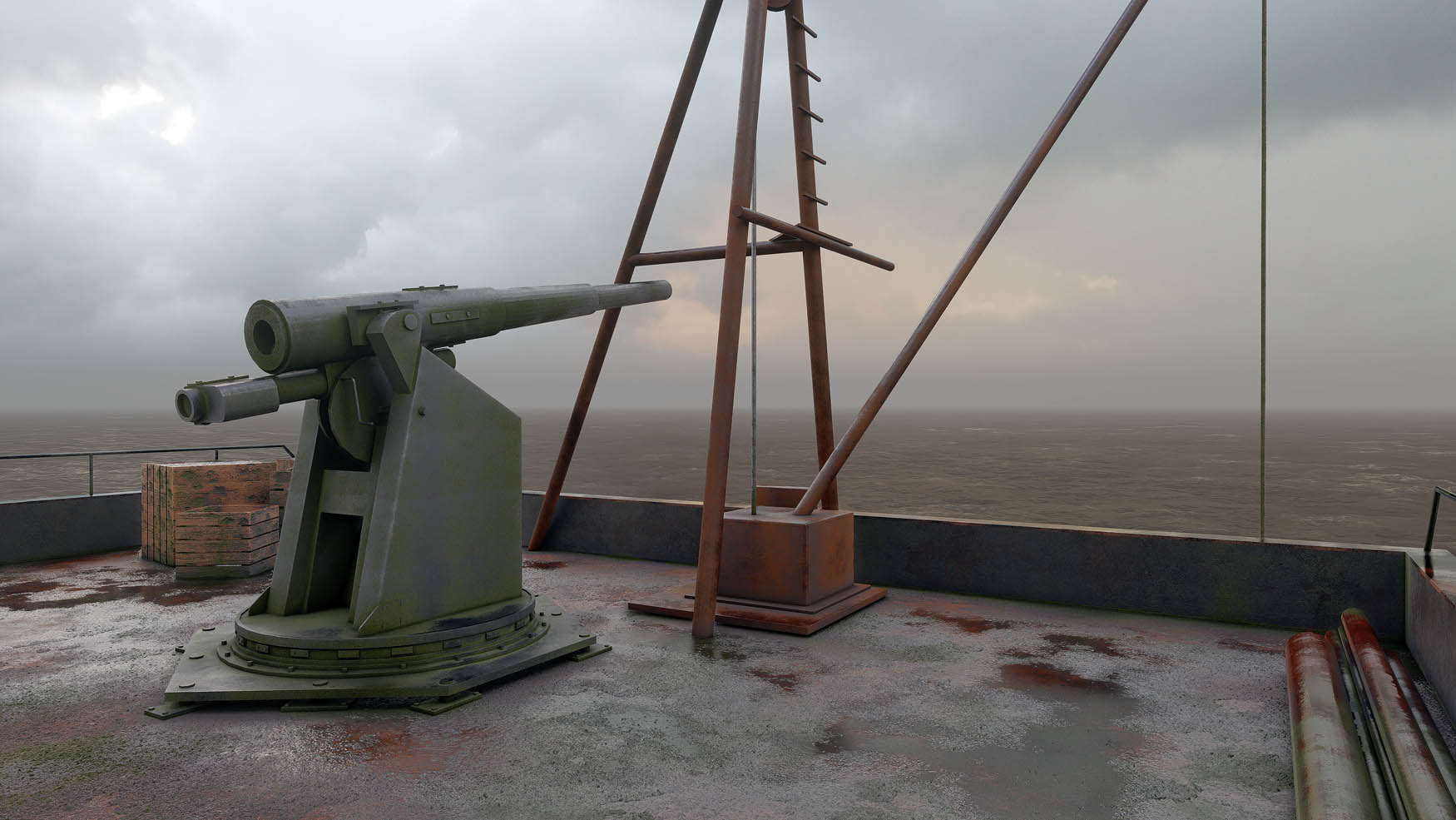 Figure 2
“Aerial defence gun pointing at the sky in digital rendition as it appears in HAVEN.” Credits: “James Newitt, HAVEN, 2023, video still”.
