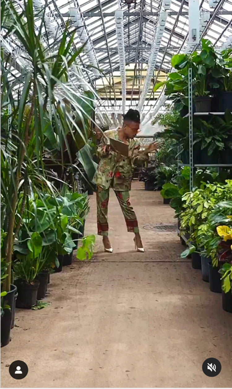 Figure 7
@plantkween inspecting an aisle of plants in a nursery while wearing a jungle-inspired pantsuit and white pumps.