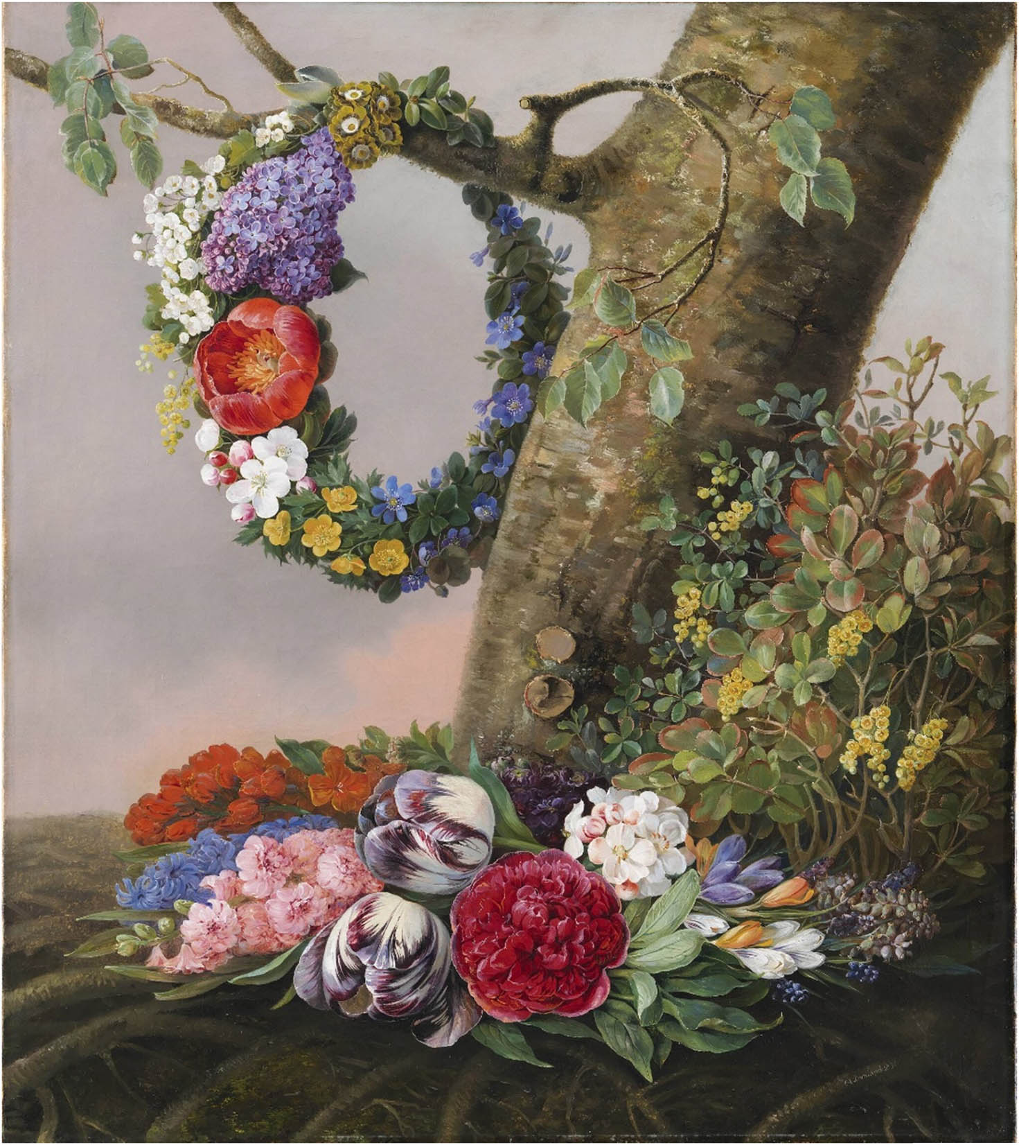 Figure 1
Christine Løvmand, A Bouquet of Flowers at the Foot of a Tree. On a Branch Hangs a Flower Wreath, 1832. Oil on canvas, 65 × 57 cm. Statens Museum for Kunst https://open.smk.dk/artwork/image/KMS1260.