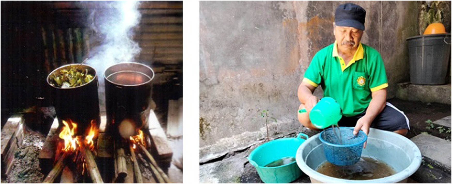 Figure 7 
                  Boiling and filtering of natural dye materials (author’s documentation).
               