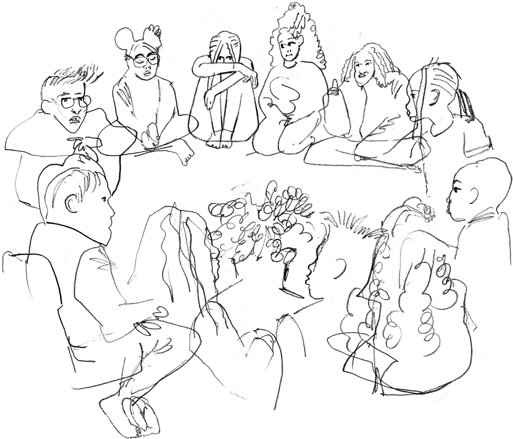 Figure 1 
               The workshop participants sit in an opening circle. Ink sketch on paper by Jennifer Zheng.
            