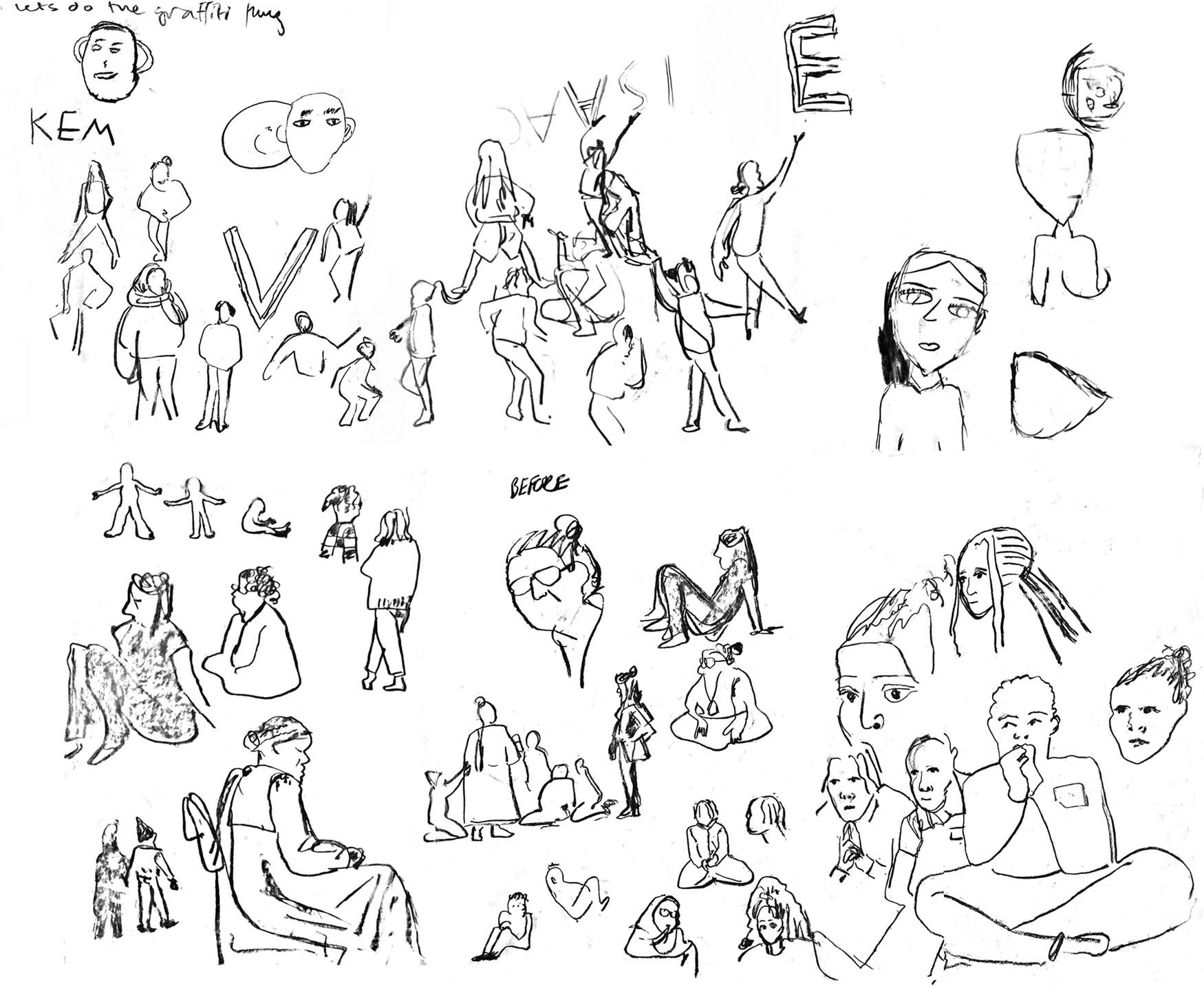 Figure 3 
               The workshop participants transition from the opening circle to warming up. Ink sketch on paper by Jennifer Zheng.
            