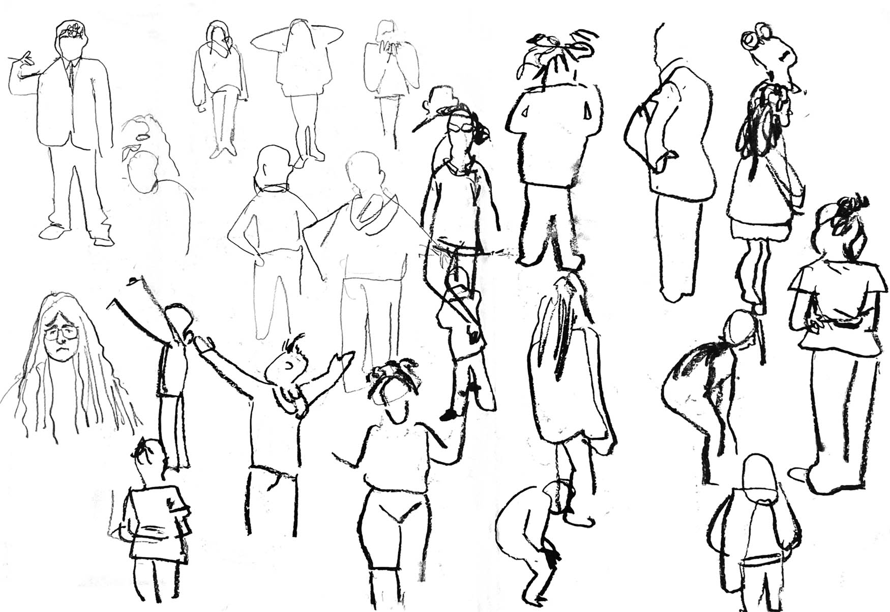 Figure 4 
               The workshop participants begin moving together. Ink sketch on paper by Jennifer Zheng.
            