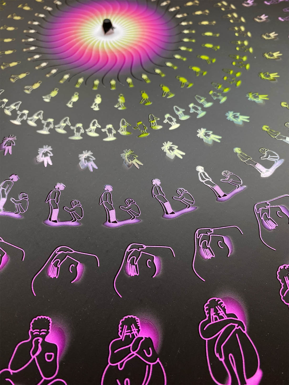 Figure 6 
               
                  Close-up of Ring a Ring o’ Poses. Animated digital print on an armless record  player by Jennifer Zheng.
            