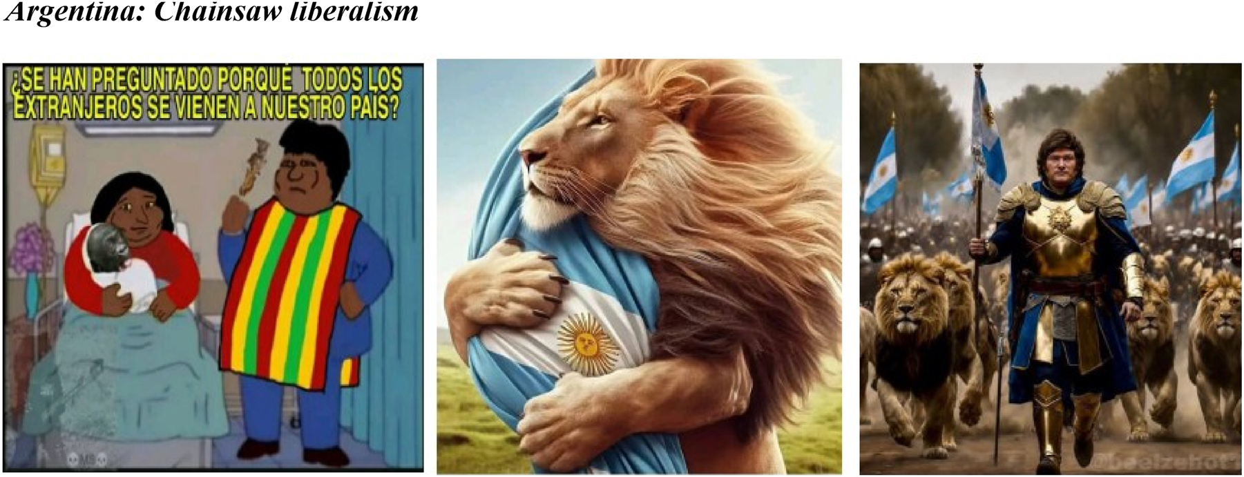 Montage 1: 
Images extracted from Telegram. Author’s collage. The image on the left has been produced manually, while the other two images (the central one and the one on the right) have been produced through a Prompt in Generative AI. The image on the left shows a caricatured and animalised immigrant couple, showing their child as if he were a monkey, dehumanising the immigrant family. The message reads “Have you ever wondered why all foreigners come to our country?” The message shows the racist trait of this political project in Argentina. The central image shows a lion embracing the Argentinean flag. Milei has been called “The Lion” during the campaign. Finally, the image on the right shows Milei dressed as a Roman warrior accompanied by an army of lions, paying tribute to his slogan “I have come to turn lambs into lions”.
