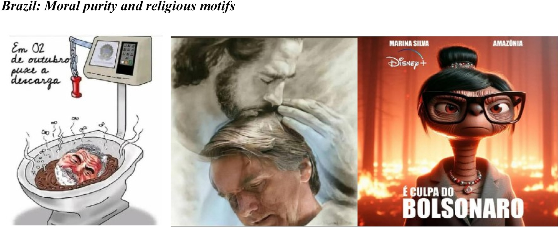 Montage 2: 
Images extracted from Telegram. Author’s collage. The image on the left has been produced manually, while the other two images (the central one and the one on the right) have been produced through a Prompt in Generative AI. The image on the left shows Lula’s head in a toilet full of excrement. The message says “on 2 October press flush”, in a scatological appeal to the electoral process. In the central image we observe Bolsonaro being kissed by Jesus, receiving his blessing. It shows the divine and theological trait of his political ideology. In the image on the right we see the minister Marina da Silva represented as a grotesque creature, animalised. The minister, an indigenous woman, thus suffers the racism and sexism of the Bolsonarist project.
