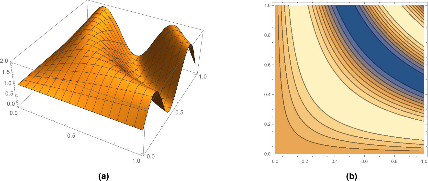 Figure 4 
               Graph of the target function 
                     
                        
                        
                           g
                        
                        g
                     
                   given by (3.2): (a) 3D plot and (b) level curves.
            