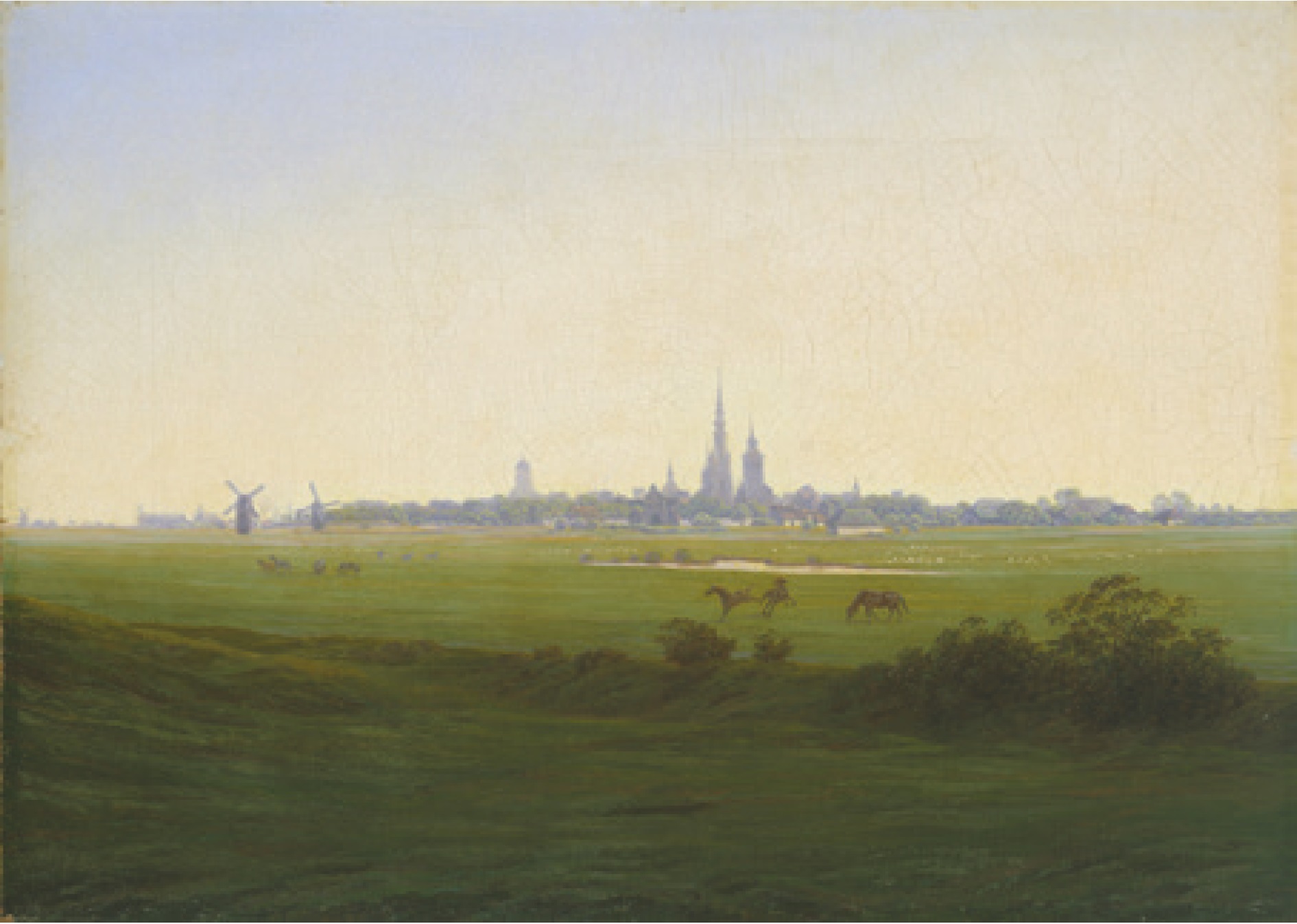 5 Stadtsilhouette von Greifswald, Ausschnitt aus Caspar David Friedrichs Gemälde Wiesen bei Greifswald, 1821 / 22, Öl auf Leinwand, 34,5 × 48,3 cm, Hamburger Kunsthalle