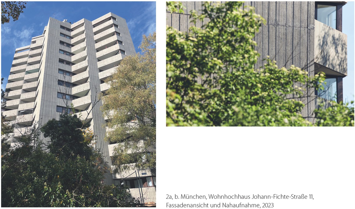 2a, b München, Wohnhochhaus Johann-Fichte-Straße 11, Fassadenansicht und Nahaufnahme, 2023