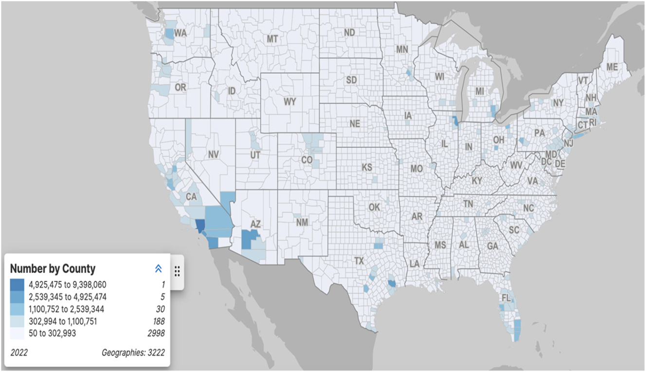 Figure 1: 
Population above five years old speaking a language other than English at home by County.
