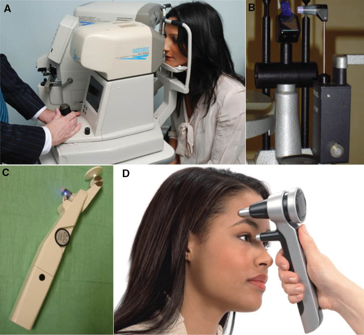 Figure 1: IOP measuring devices.(A) Non-contact tonometer. (B) Goldmann applanation tonometer mounted on a slit lamp. (C) Perkins applanation tonometer. (D) iCare rebound tonometer.